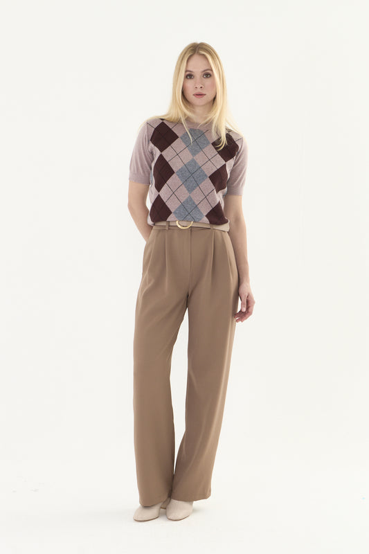 kahve palazzo kemerli kumaş pantalon