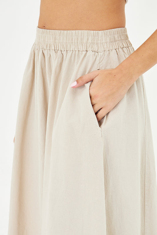 Bol Kesim Cep Detaylı Keten Karışımlı Beli Lastikli Uzun Etek