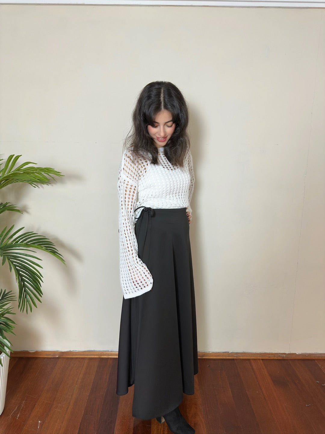 Siyah İthal Scuba Bağlamalı Uzun Etek