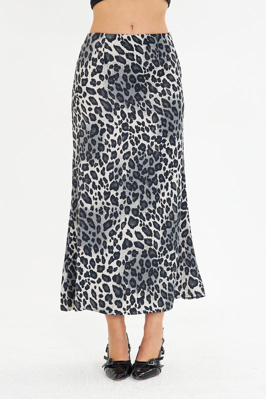 Leopar Desenli Saten Midi Boy Dokuma Etek