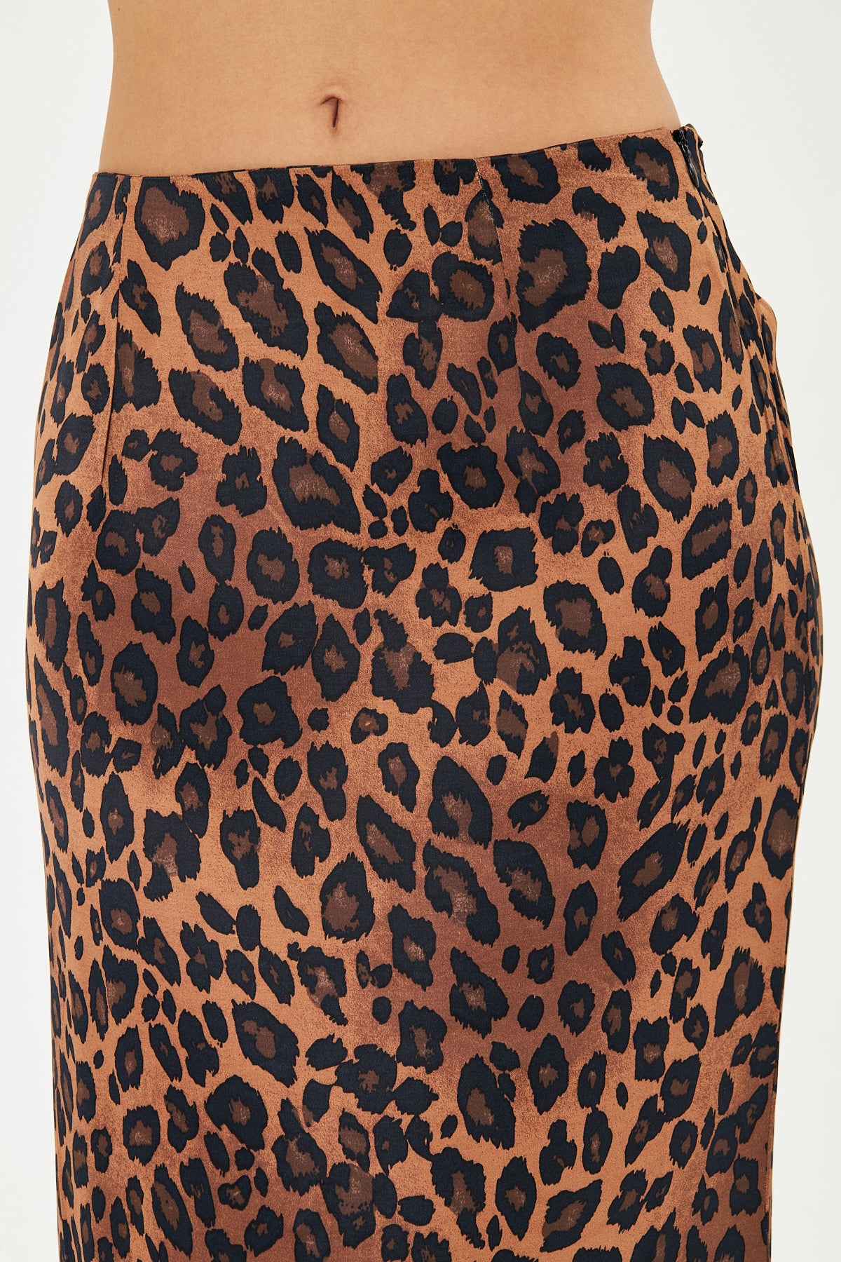 Leopar Desenli Saten Midi Boy Dokuma Etek