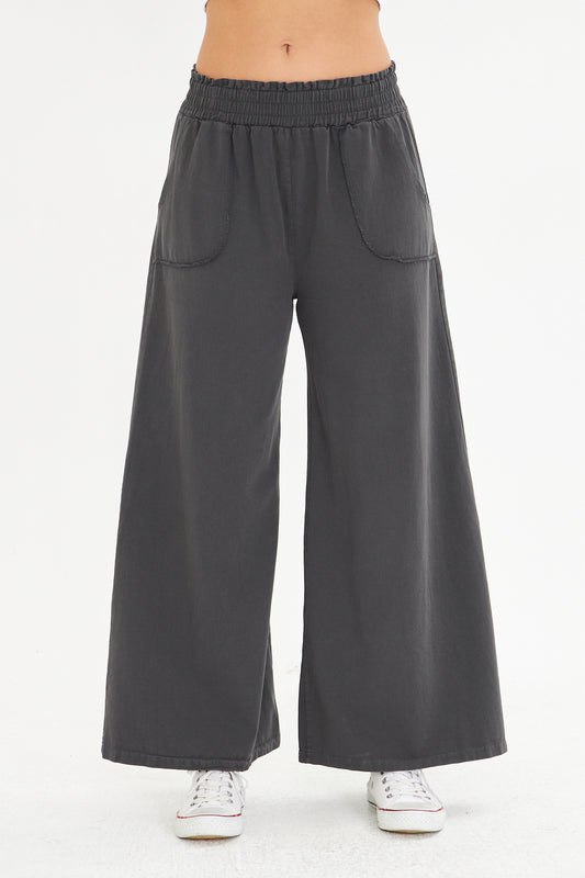 Beli Lastikli Bol Paça Cepli Keten Pantolon