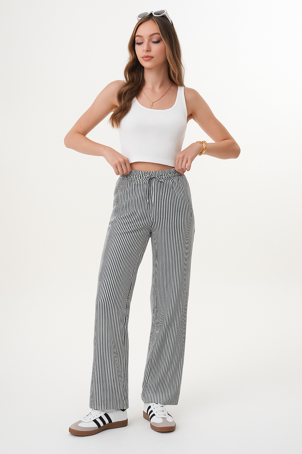 Çizgili Beli Lastikli Esnek Pantolon