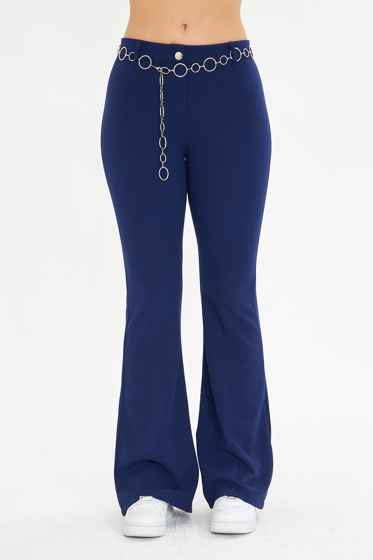 Flare Metal Halka Kemerli Kumaş Pantolon