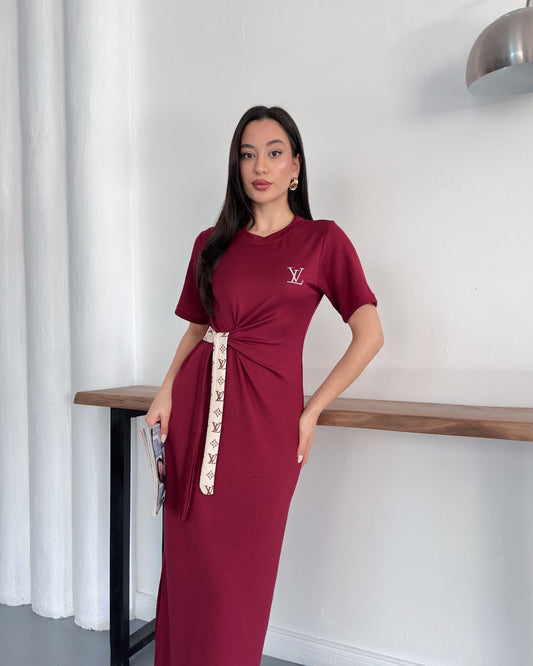 LV Belden Kuşaklı Midi Boy Likralı Şık Elbise