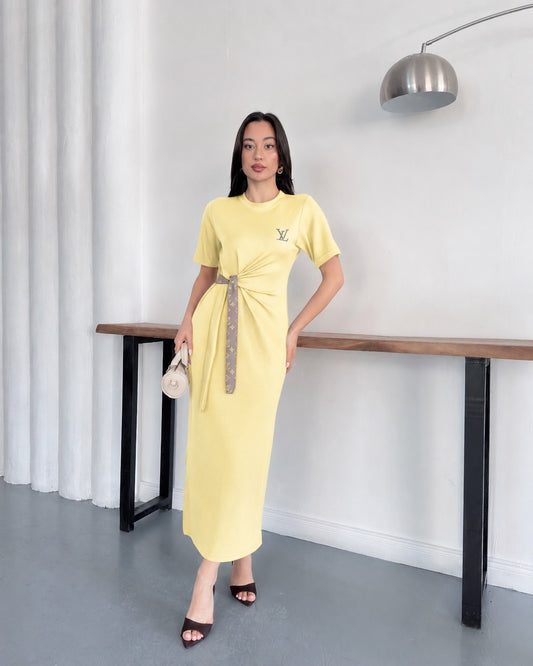 LV Belden Kuşaklı Midi Boy Likralı Şık Elbise