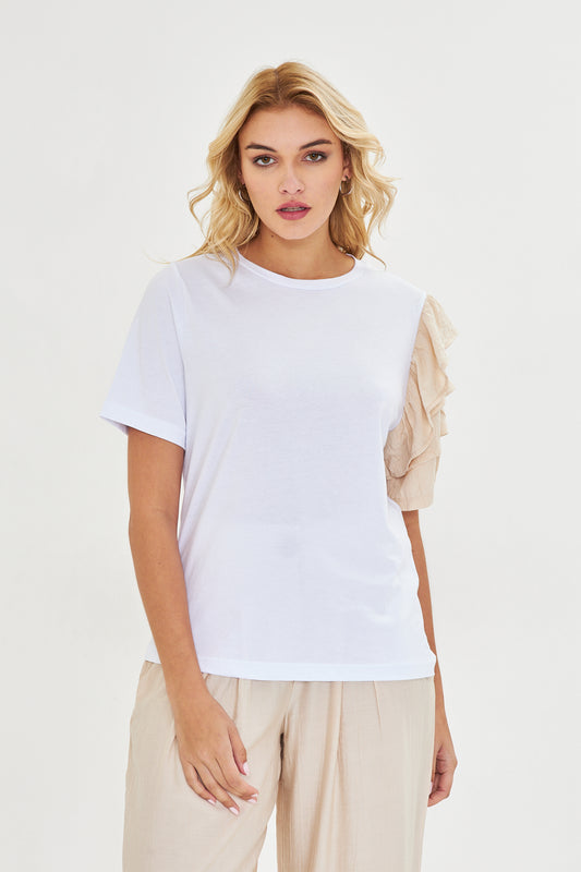 Bej Kolu Fırfırlı Tişört Keten Pantolon Takım