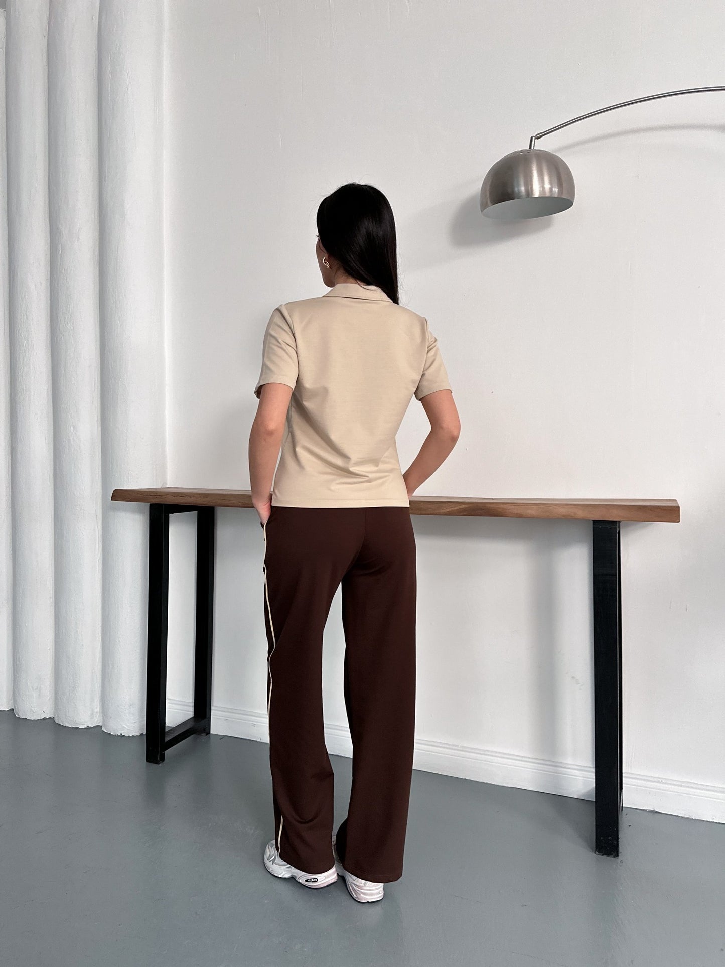 Polo Yaka Nakış Detaylı Geniş Paça Eşofman Takımı Rahat Kalıp Spor Takım