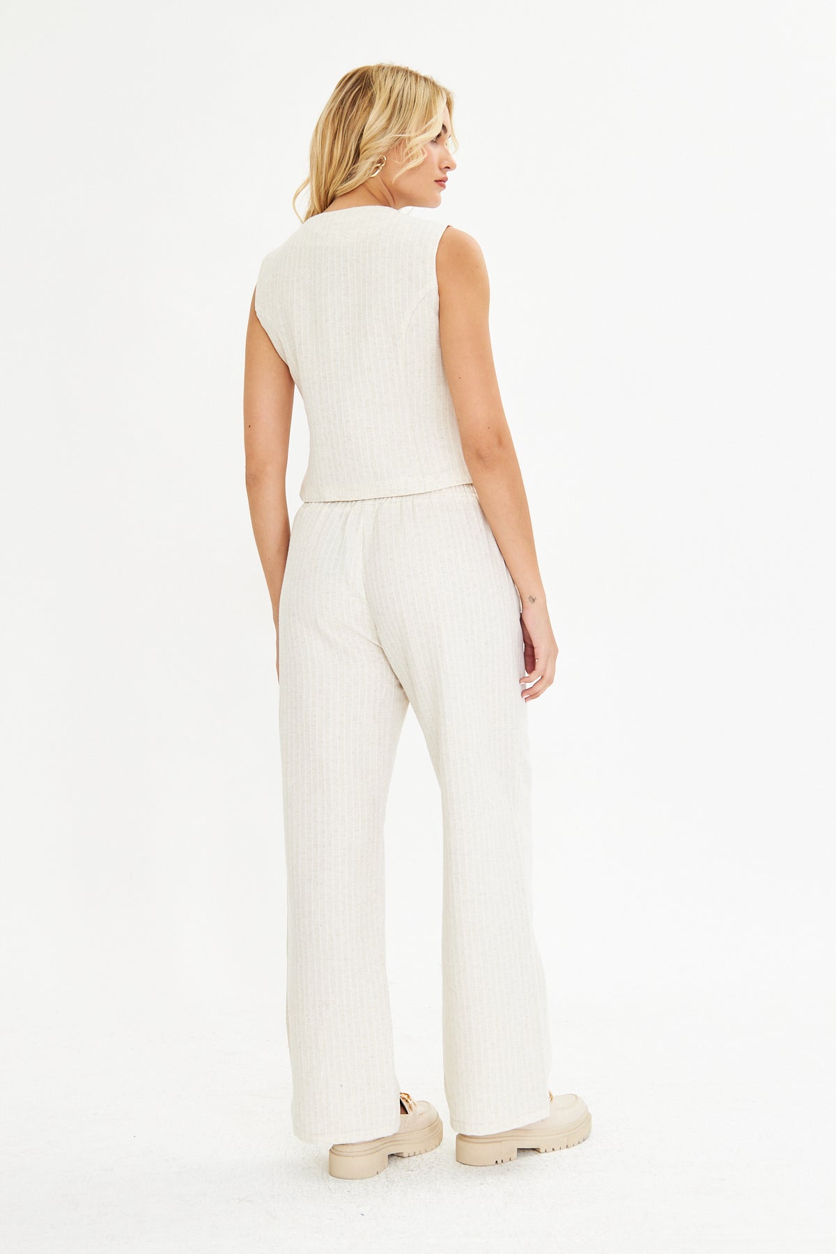 Ekru Çizgili Keten Yelek Pantolon Takım