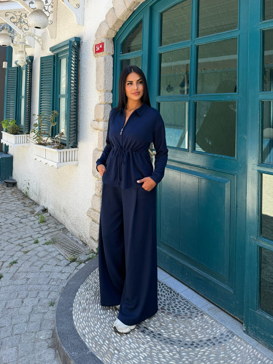 Polo Yaka Fermuarlı Beli Büzgülü Bol Paça Pantolonlu İkili Takım