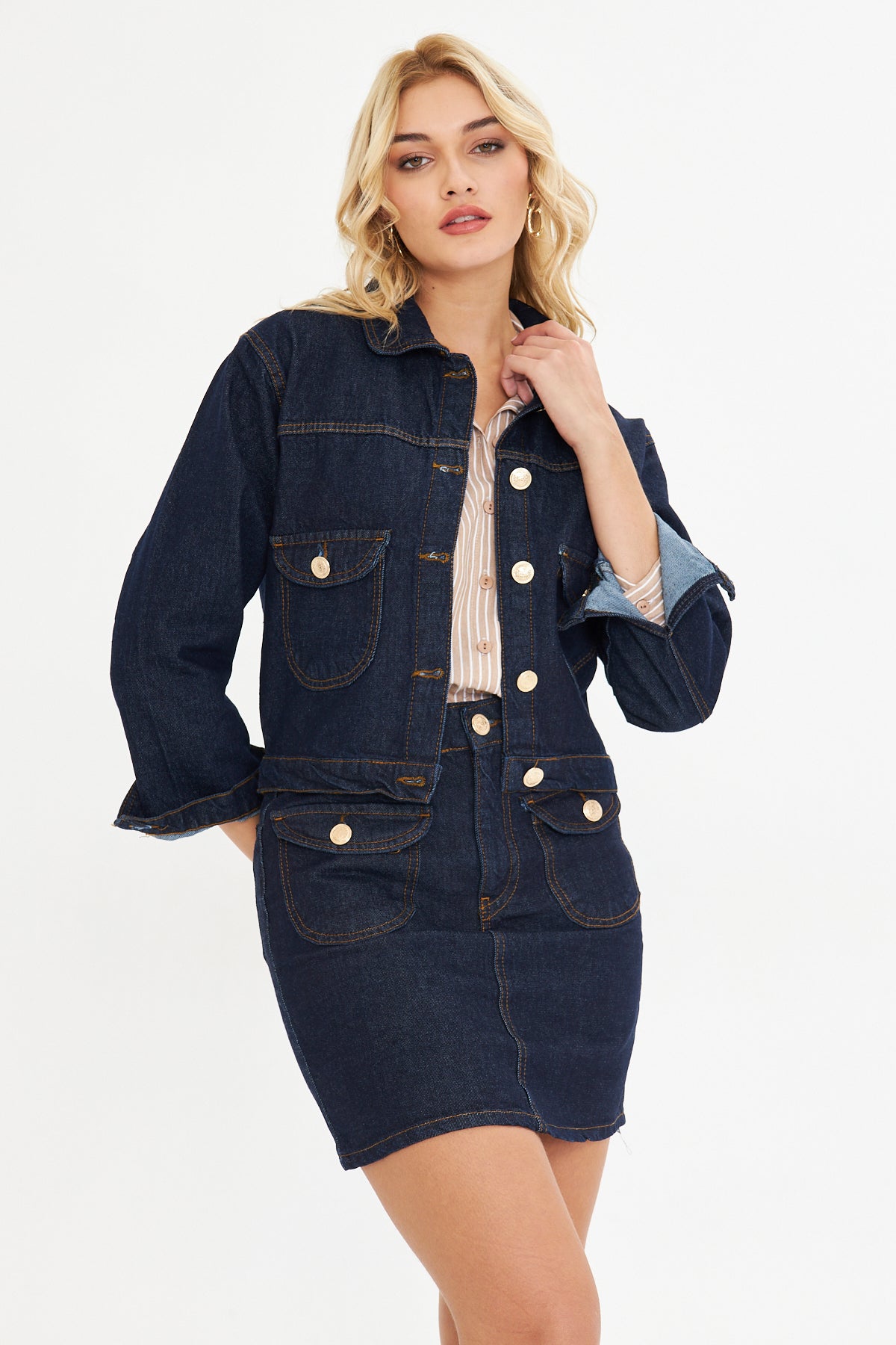 Lacivert Kot Denim Mini Etek