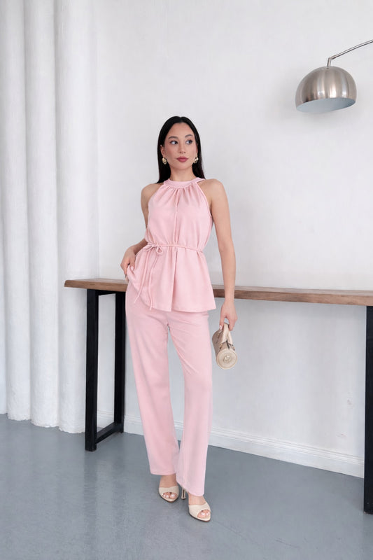 Halter Yaka Kuşaklı Bluz Pantolon İkili Takım