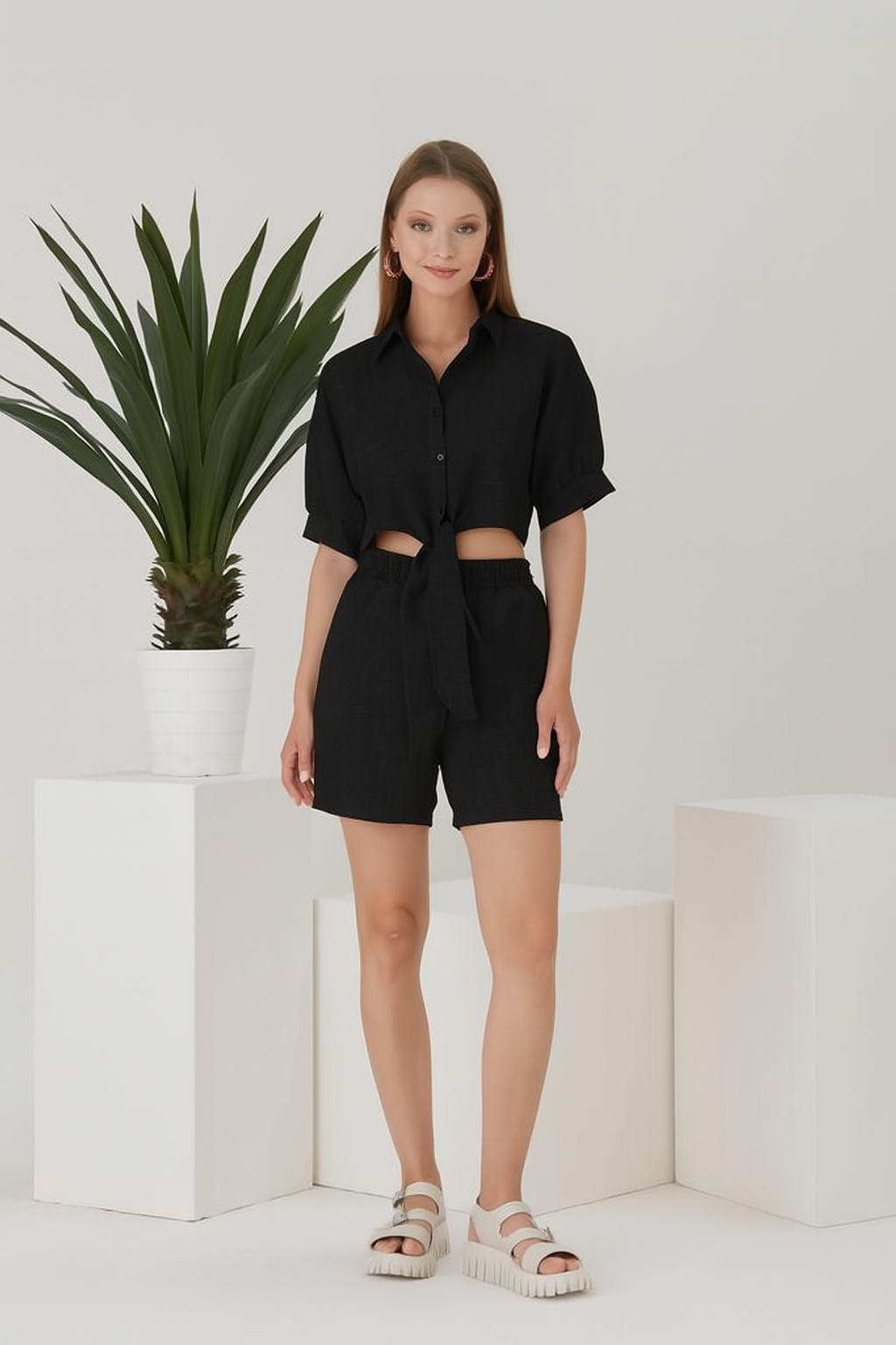 Keten Görünümlü Bağlamalı Oversize Plaj Takımı