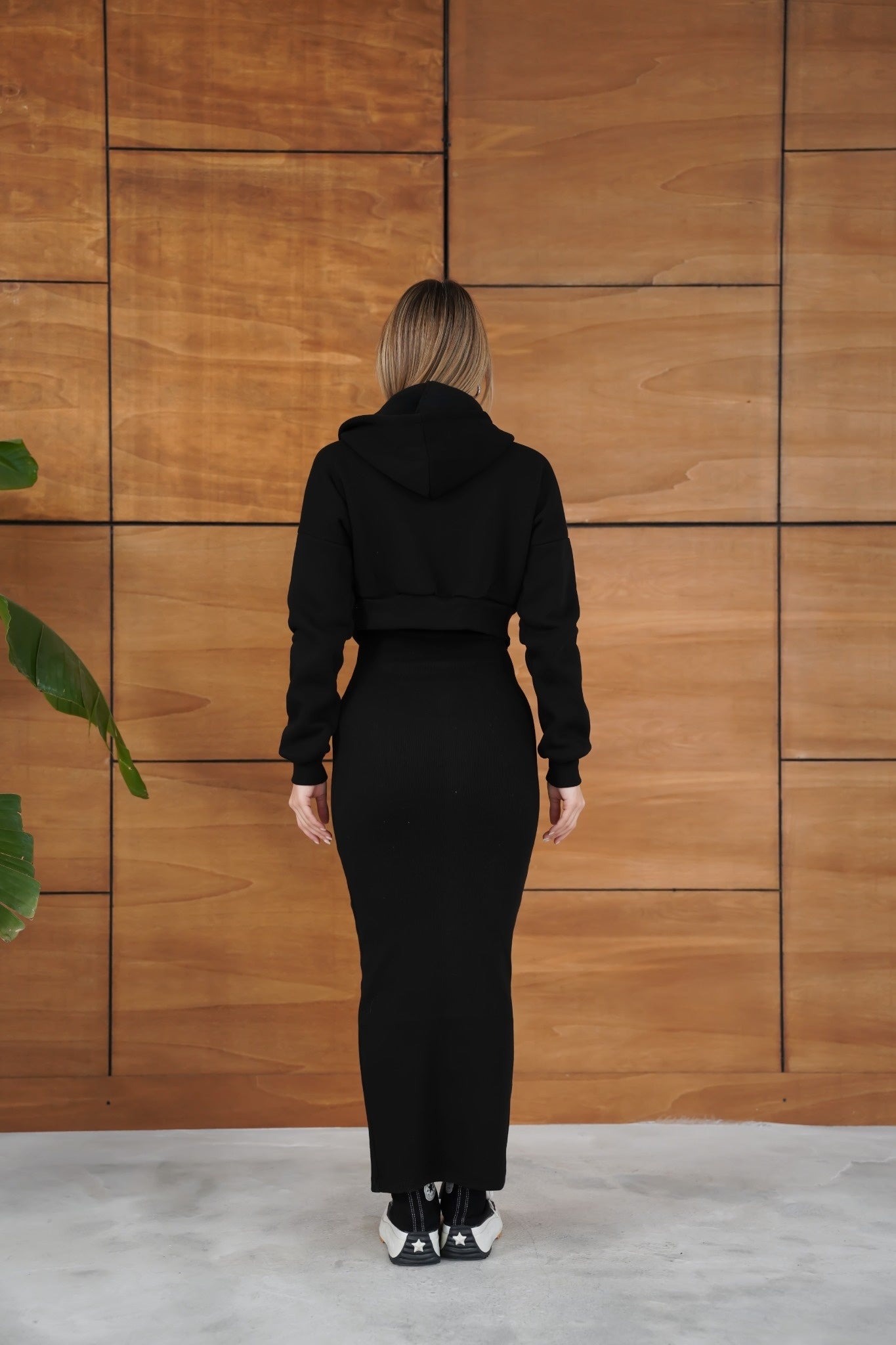 Kapüşonlu Crop Hırkalı Uzun Elbise İkili Takım