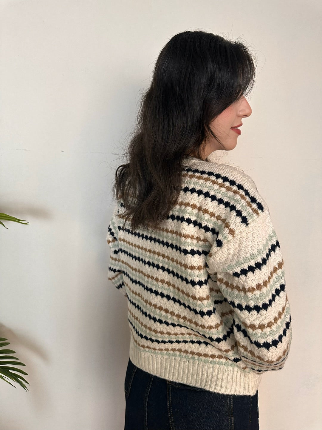 Kahve Bej Desenli Düğmeli Örme Triko Hırka