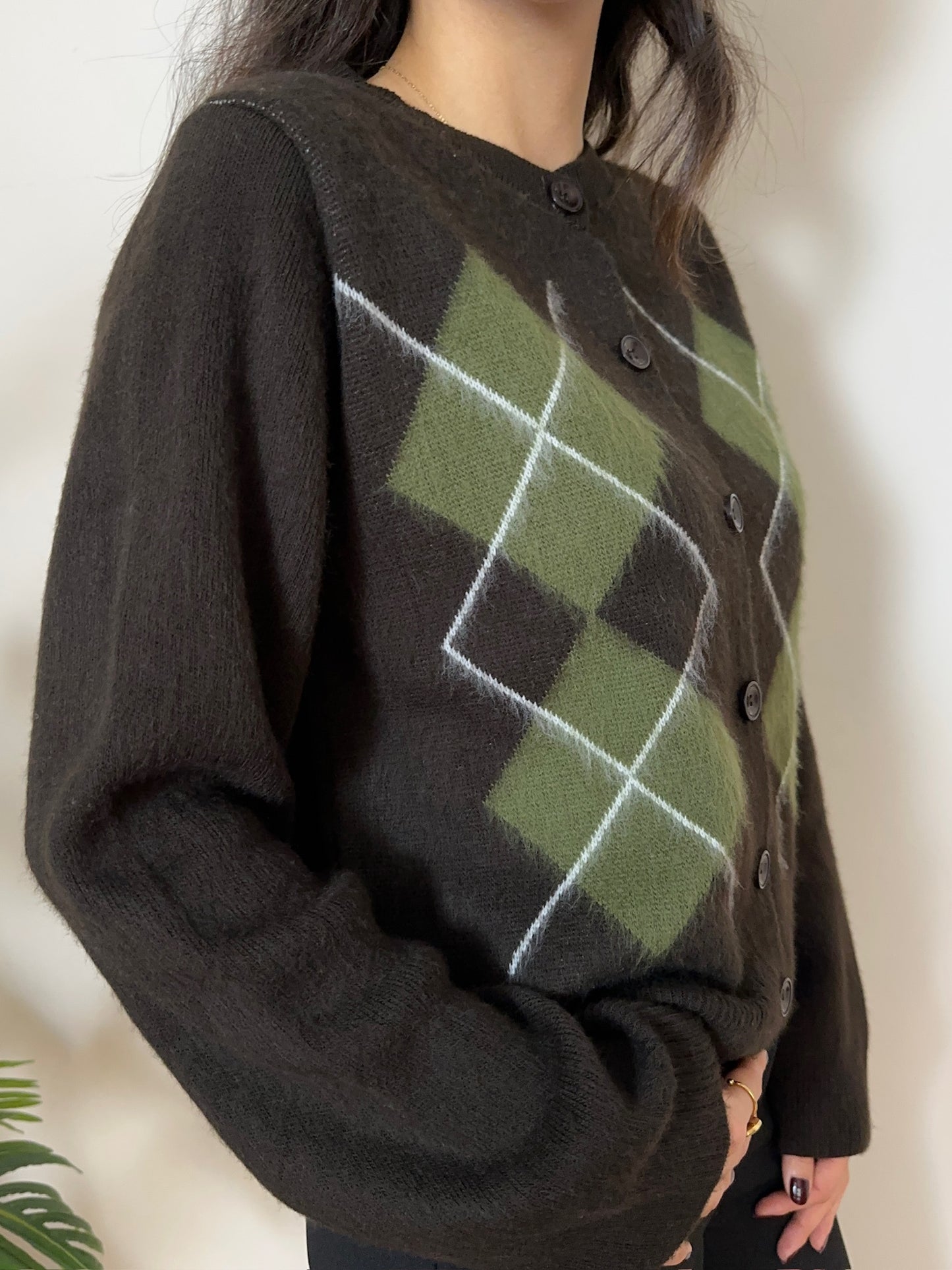 Kahverengi Baklava Desenli Triko Hırka