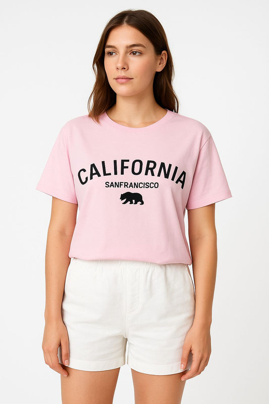 Pembe California Baskılı Tişört