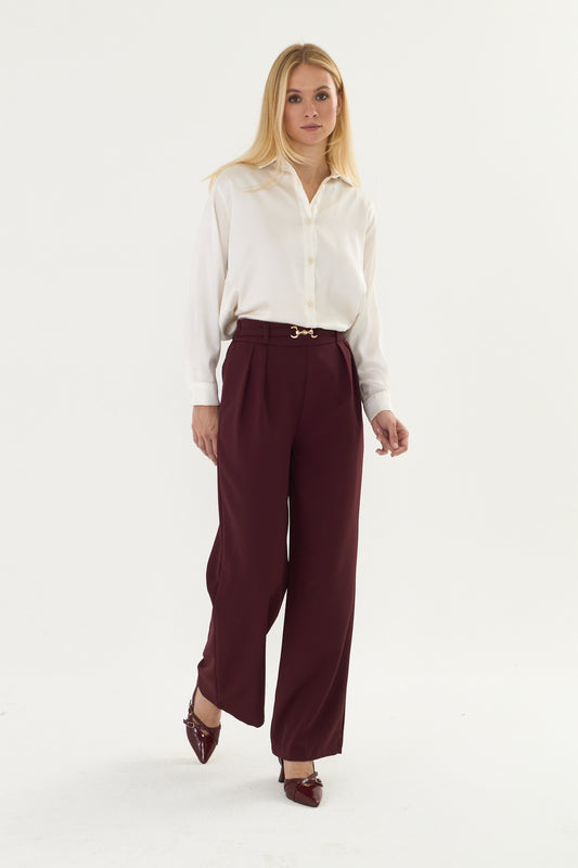 Bordo palazzo kalıp kemer tokalı kumaş pantalon