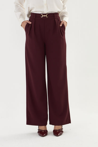 Bordo palazzo kalıp kemer tokalı kumaş pantalon