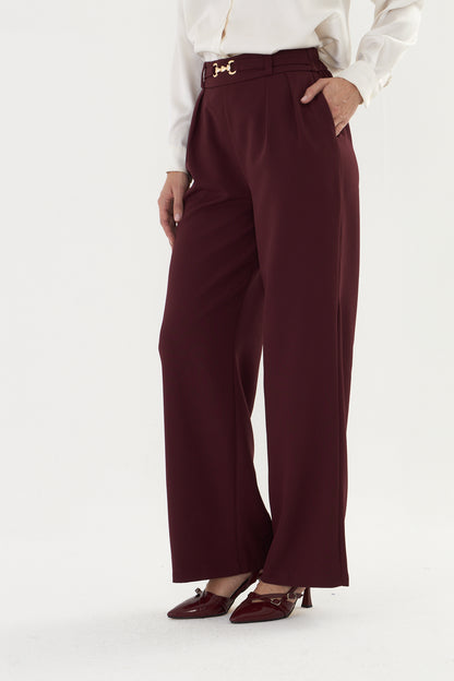 Bordo palazzo kalıp kemer tokalı kumaş pantalon