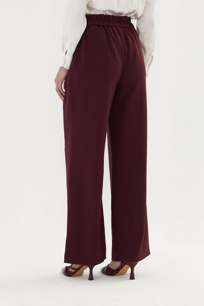 Bordo palazzo kalıp kemer tokalı kumaş pantalon