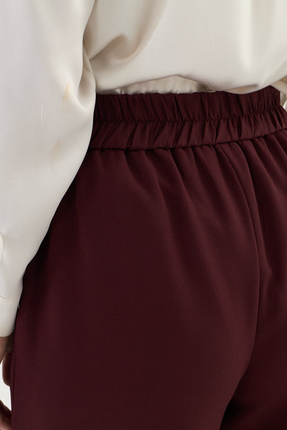 Bordo palazzo kalıp kemer tokalı kumaş pantalon