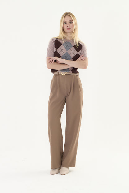 kahve palazzo kemerli kumaş pantalon