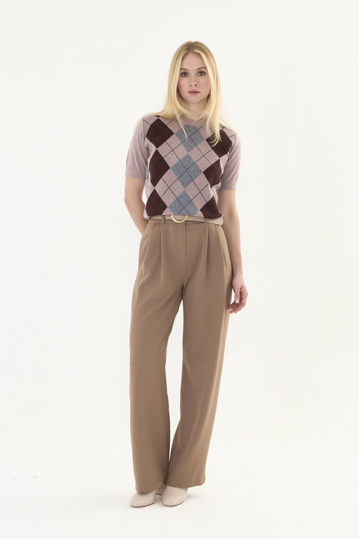kahve palazzo kemerli kumaş pantalon