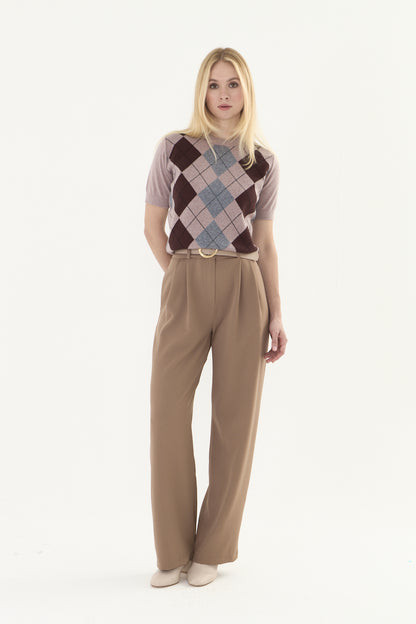 kahve palazzo kemerli kumaş pantalon