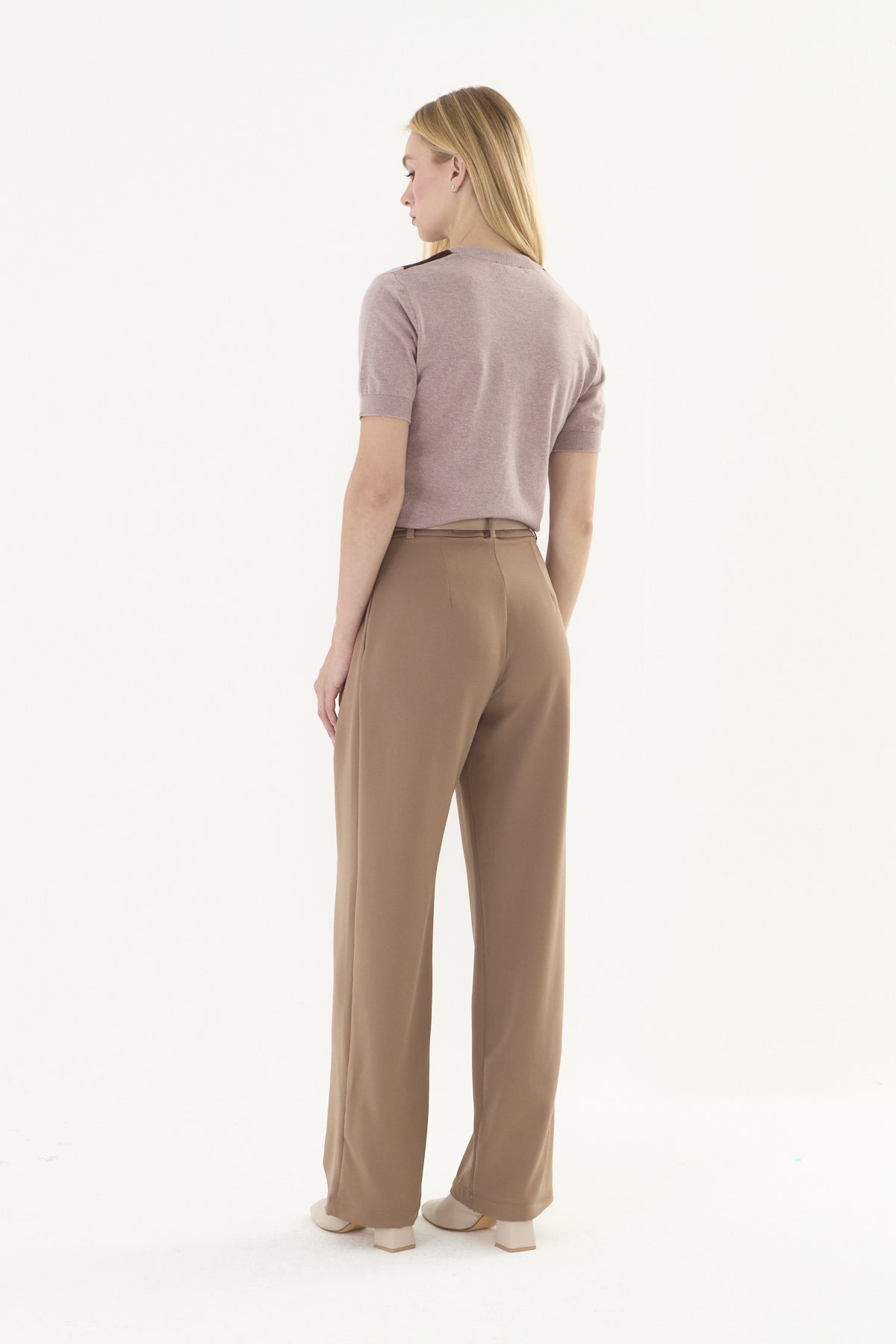 kahve palazzo kemerli kumaş pantalon