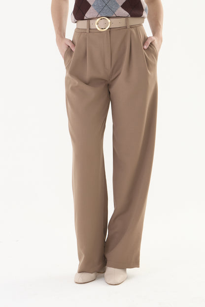 kahve palazzo kemerli kumaş pantalon