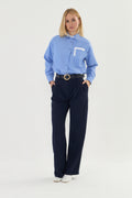 Lacivert palazzo kemerli kumaş pantalon