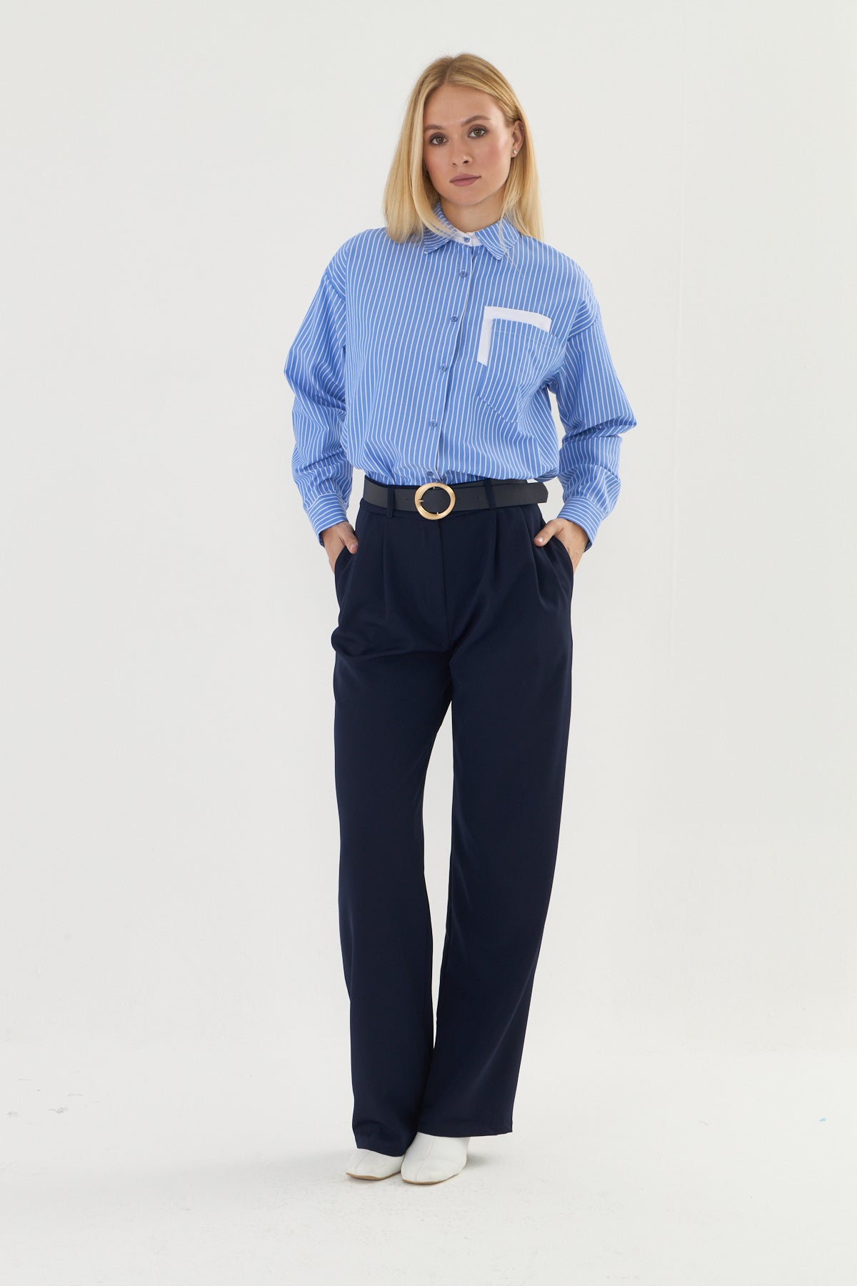 Lacivert palazzo kemerli kumaş pantalon