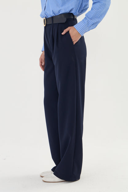 Lacivert palazzo kemerli kumaş pantalon