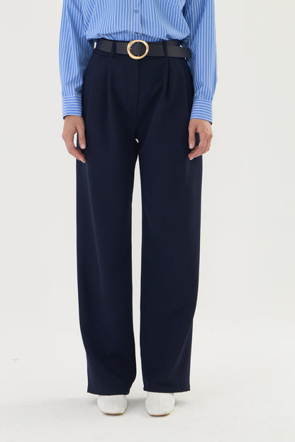 Lacivert palazzo kemerli kumaş pantalon