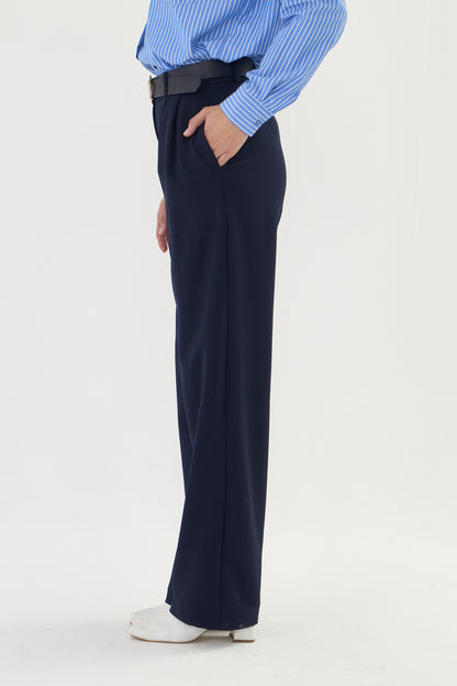 Lacivert palazzo kemerli kumaş pantalon