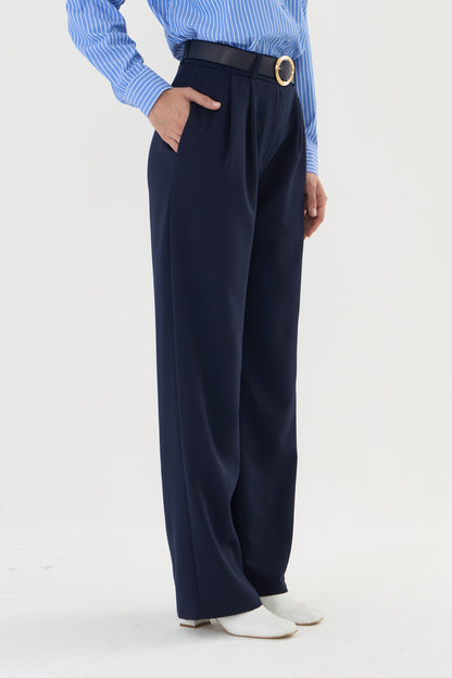 Lacivert palazzo kemerli kumaş pantalon