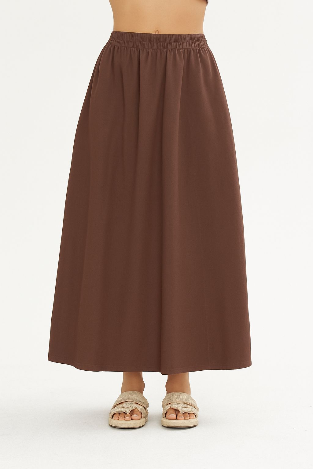 Bol Kesim Cep Detaylı Keten Karışımlı Beli Lastikli Uzun Etek