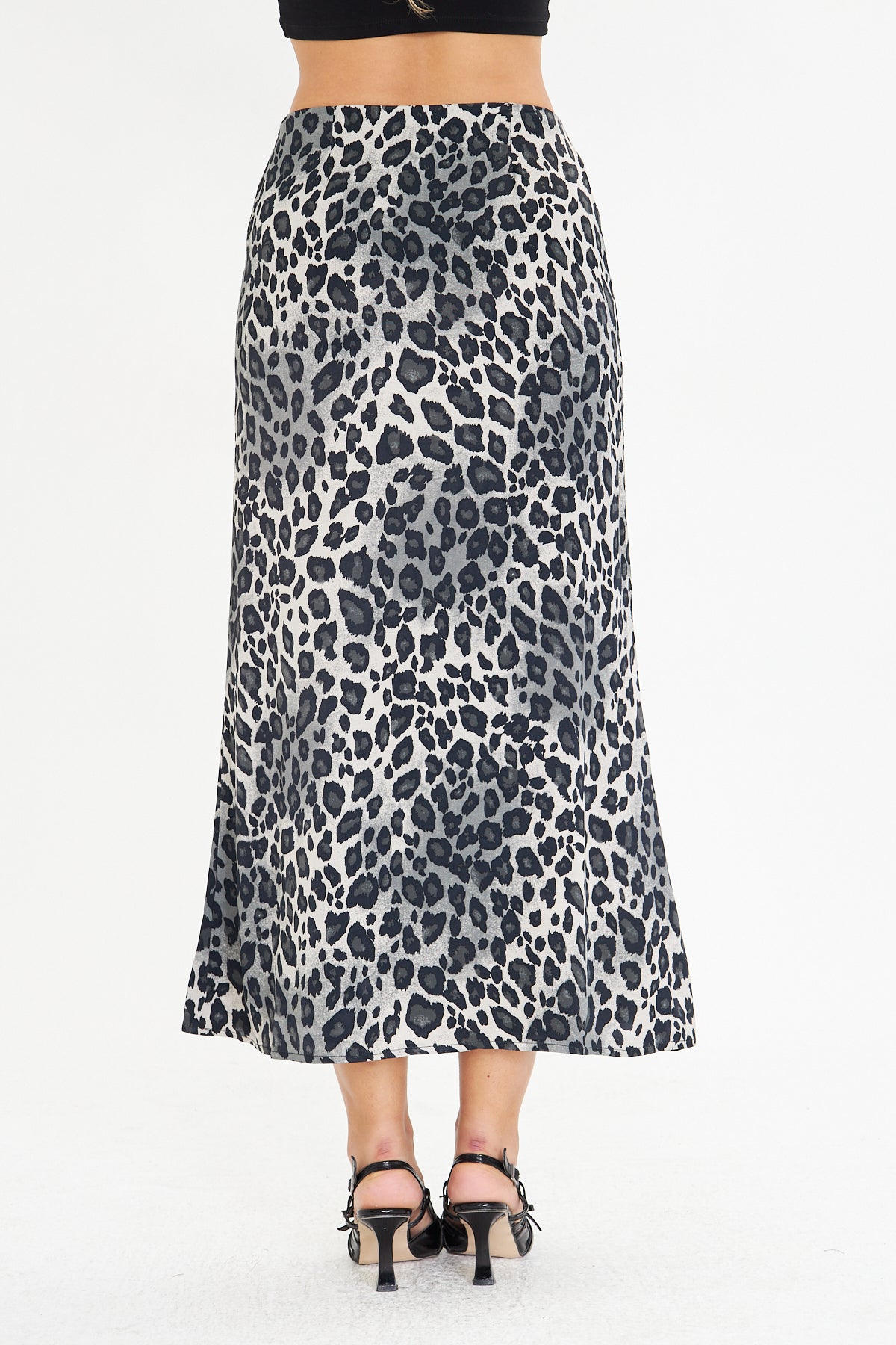 Leopar Desenli Saten Midi Boy Dokuma Etek