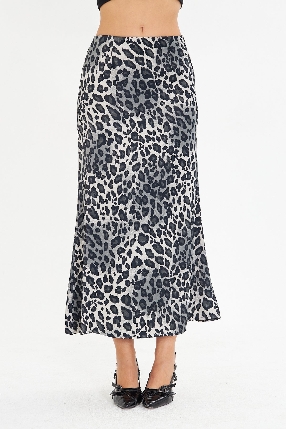 Leopar Desenli Saten Midi Boy Dokuma Etek