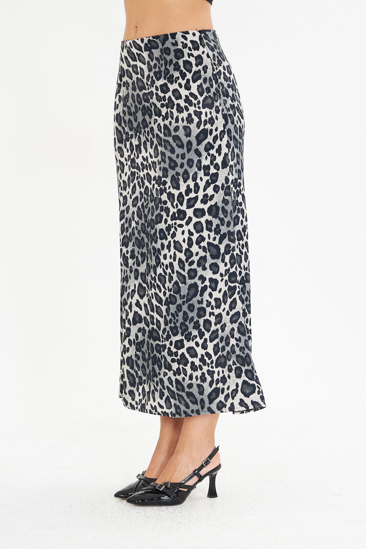 Leopar Desenli Saten Midi Boy Dokuma Etek