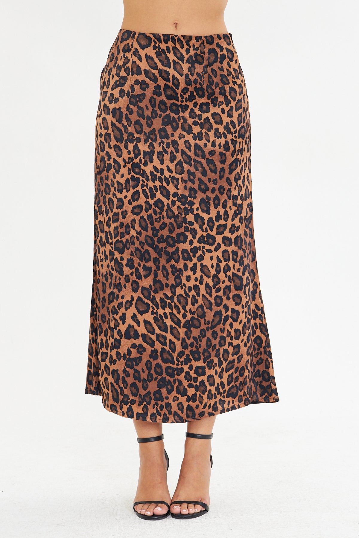 Leopar Desenli Saten Midi Boy Dokuma Etek