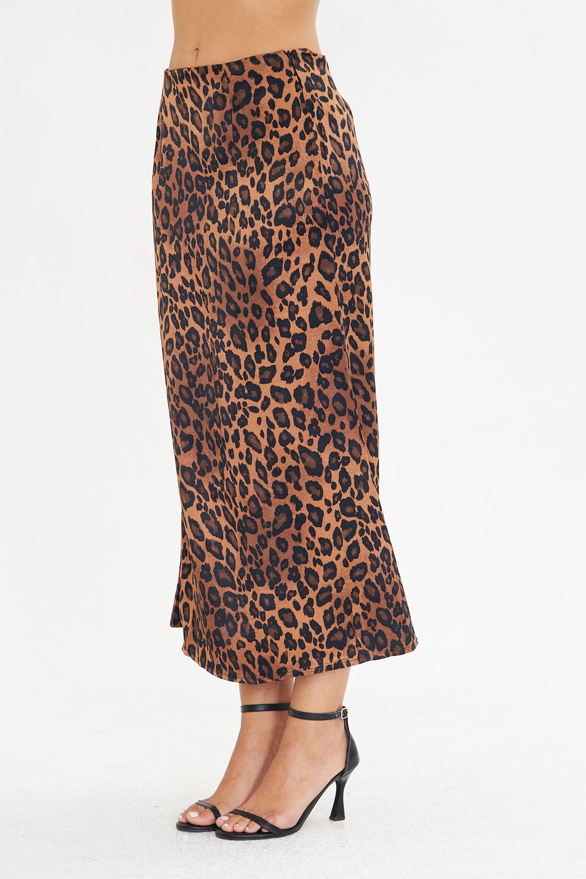 Leopar Desenli Saten Midi Boy Dokuma Etek