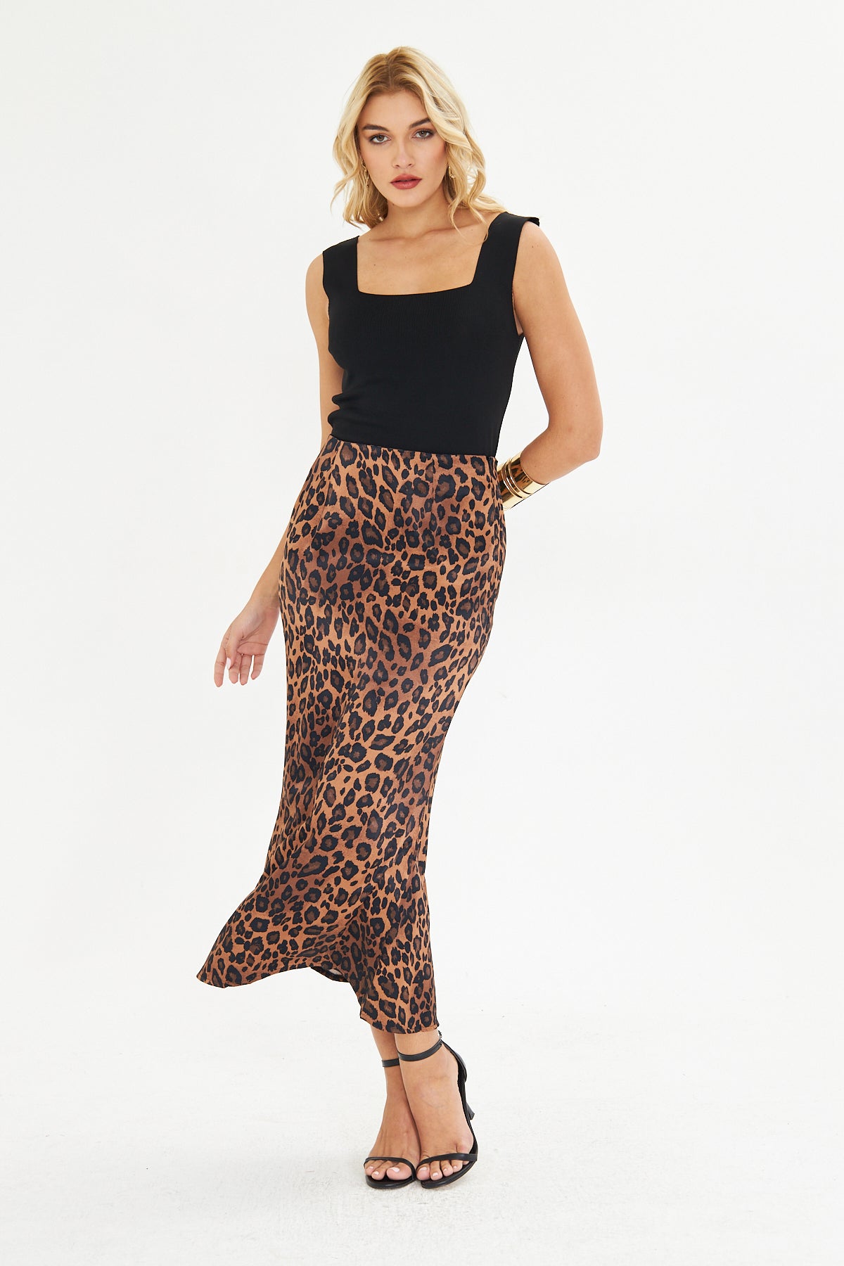 Leopar Desenli Saten Midi Boy Dokuma Etek