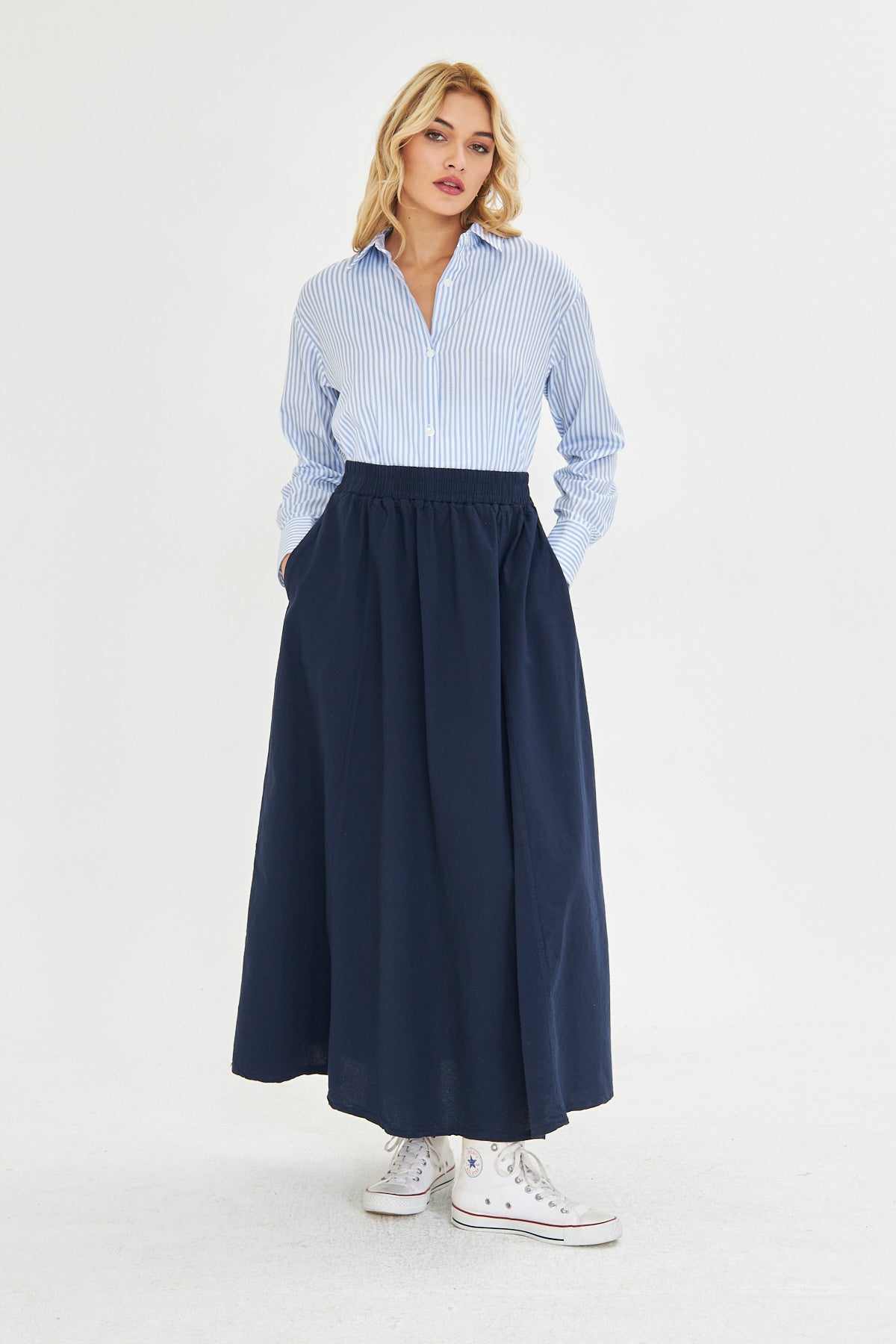 Bol Kesim Cep Detaylı Keten Karışımlı Beli Lastikli Uzun Etek