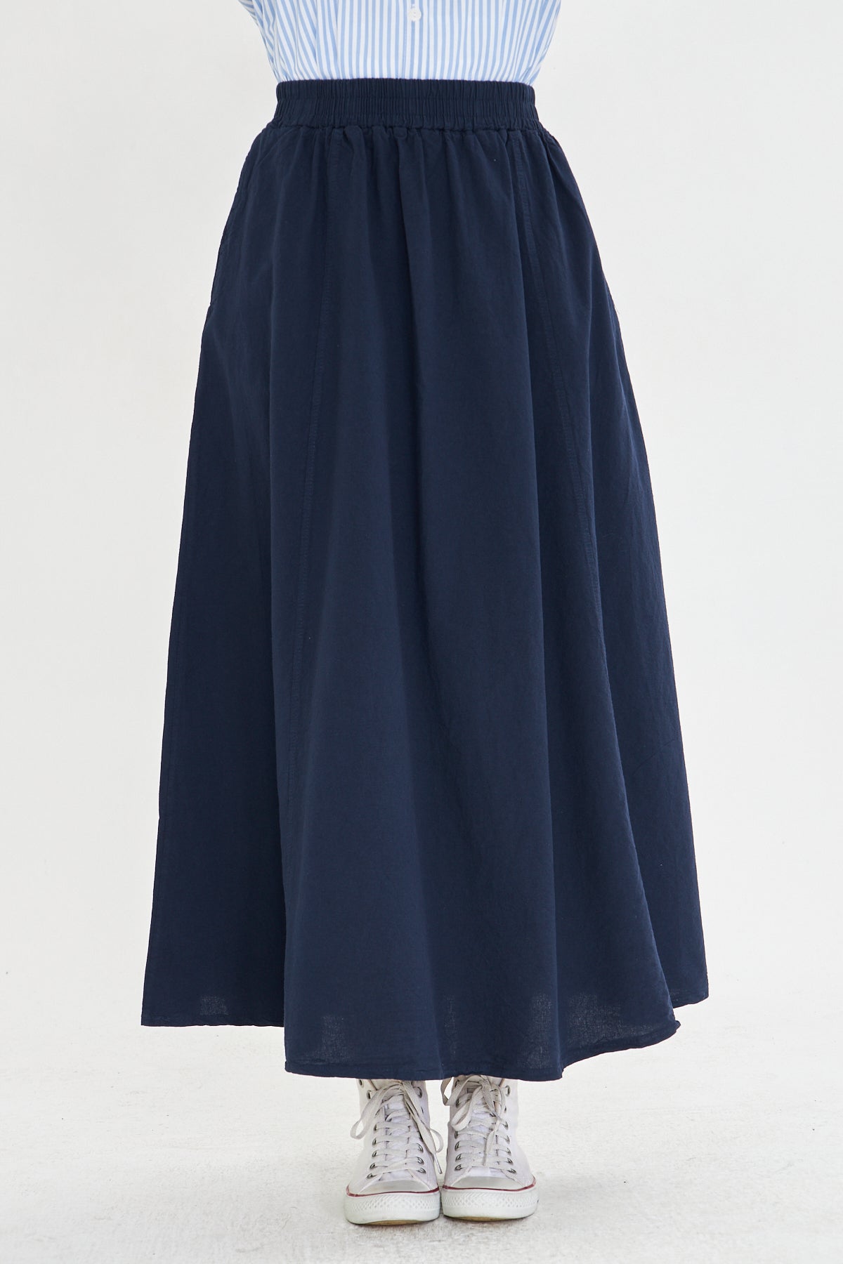 Bol Kesim Cep Detaylı Keten Karışımlı Beli Lastikli Uzun Etek