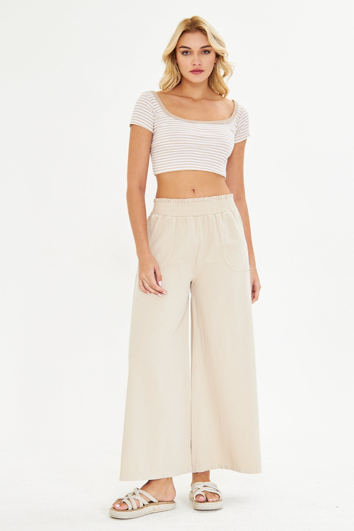 Beli Lastikli Bol Paça Cepli Keten Pantolon