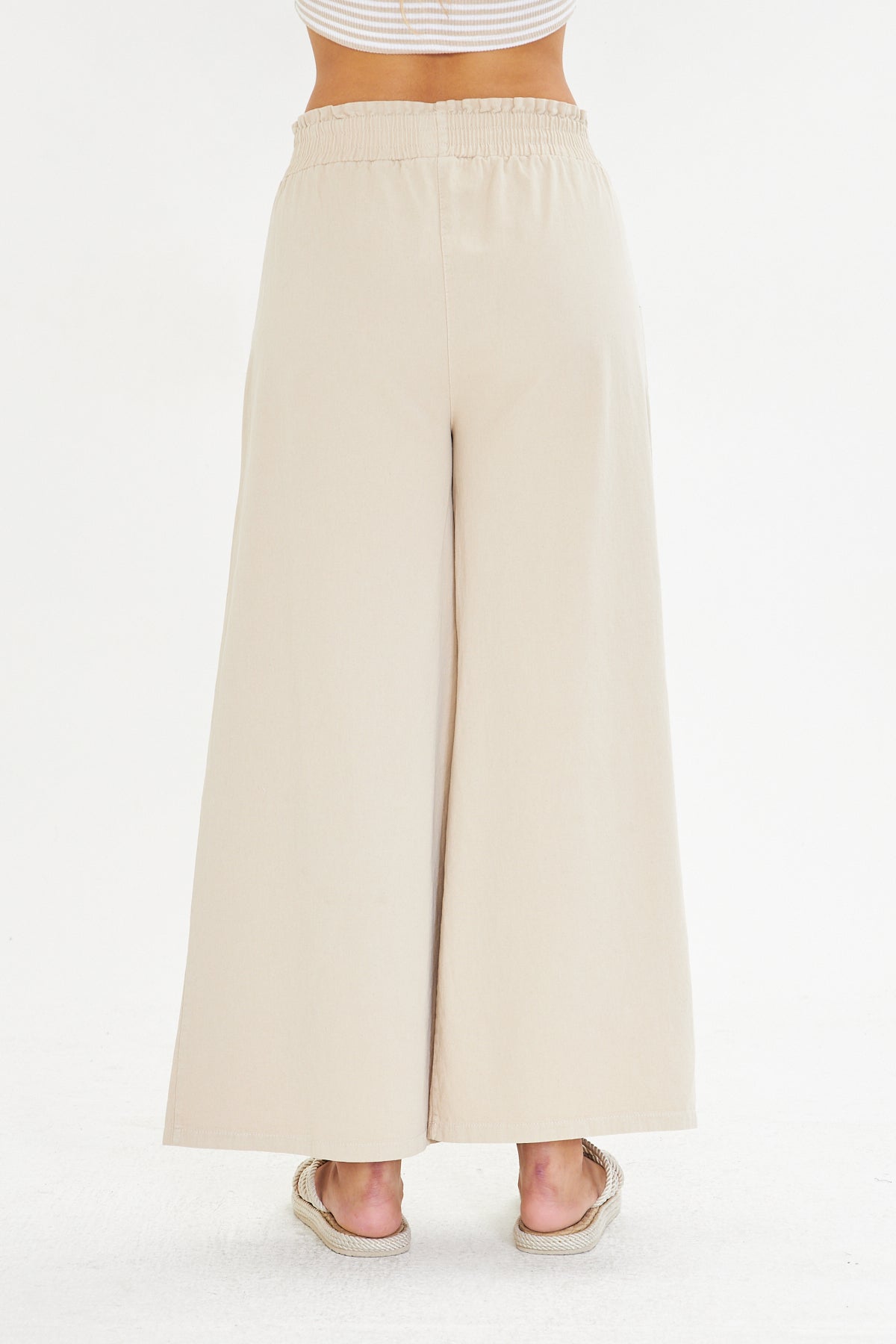 Beli Lastikli Bol Paça Cepli Keten Pantolon