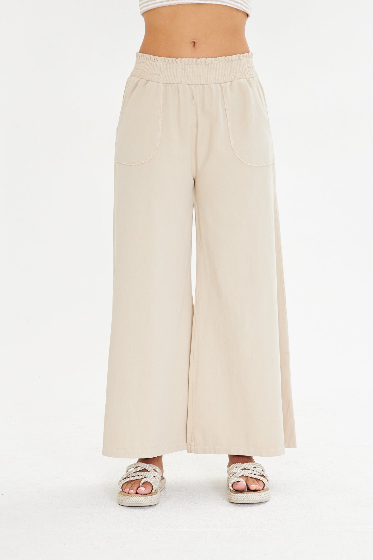 Beli Lastikli Bol Paça Cepli Keten Pantolon