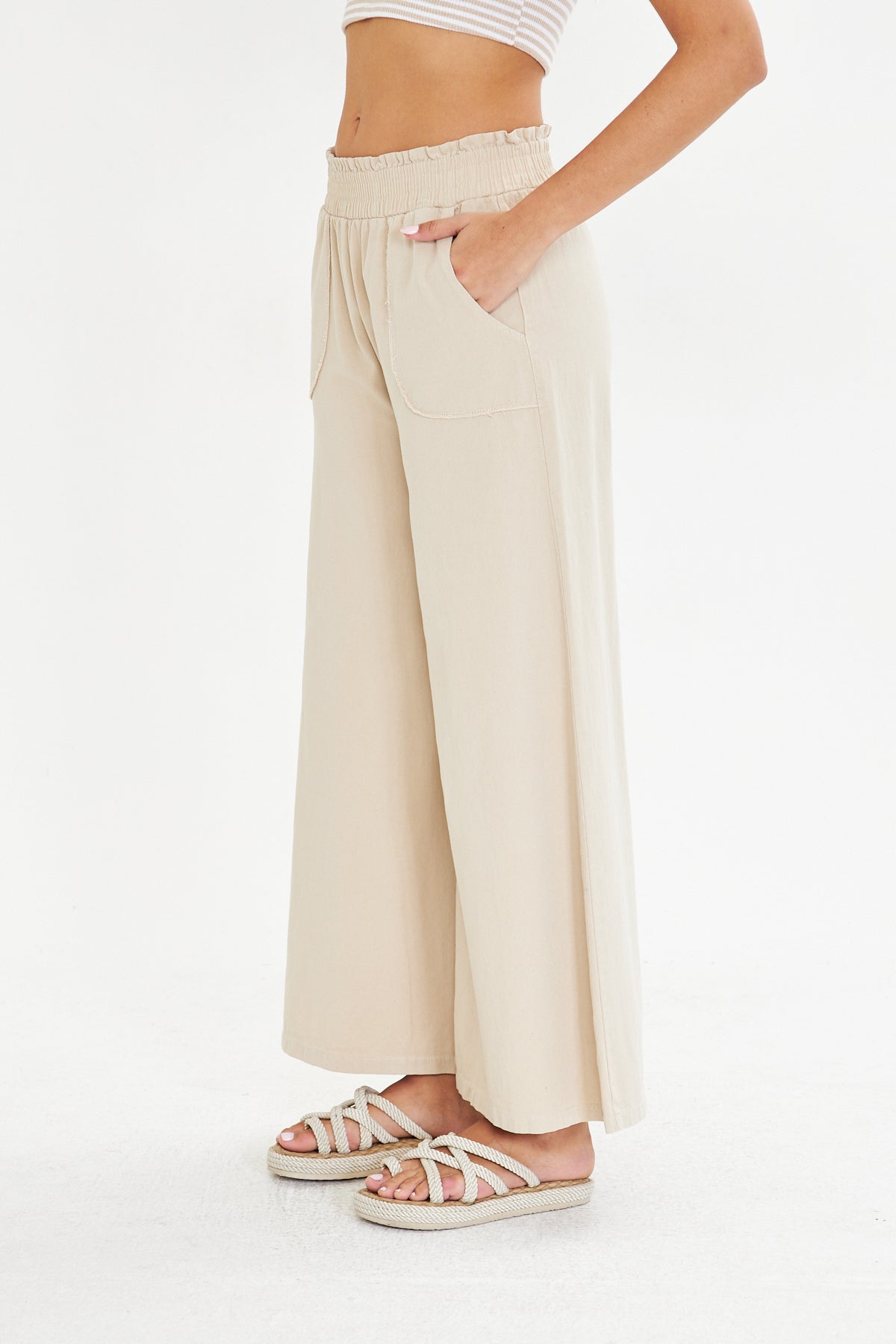 Beli Lastikli Bol Paça Cepli Keten Pantolon